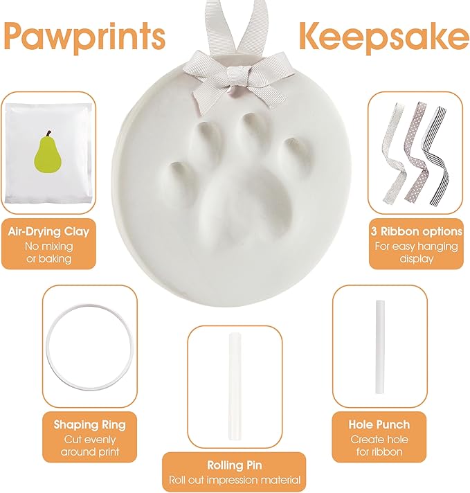 Pearhead Pet Paw Print Keepsake Ornament Kit, Memorial Clay Paw Impression for Dogs & Cats, DIY Hanging Pet Memorial with Ribbons, Pet Keepsake Gift