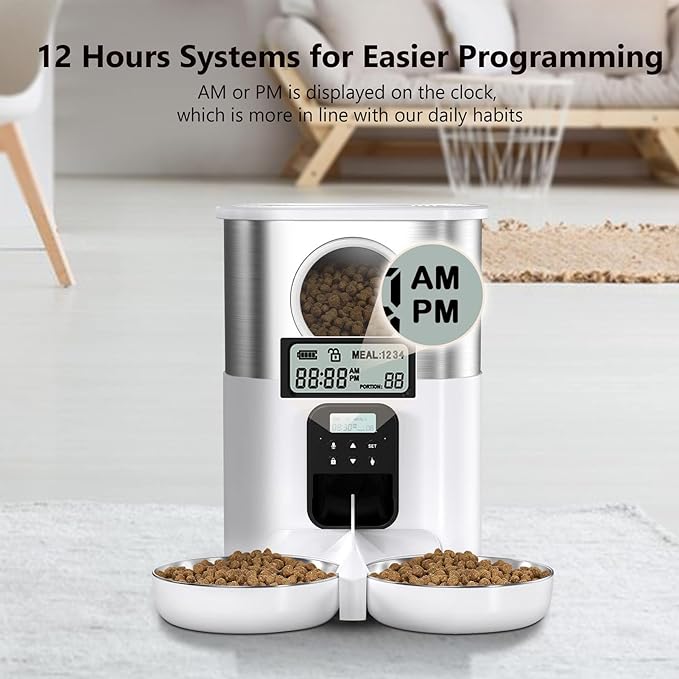 Automatic Pet Feeder, 5L Quantitative Feeding Stainless Steel 2 Bowls Dog Food Dispenser Large Capacity Automatic Timed Cat Feeders with Visable Window for Cats Dogs (White)