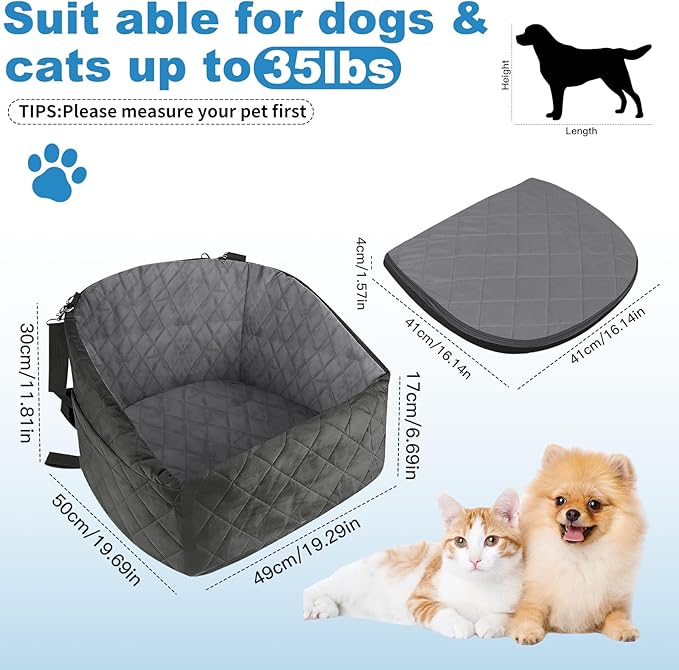 Dog Car Seat for Small & Medium Dogs up to 35 lbs, Pet Booster Seat with Removable Washable Cover, Soft Plush, Safety Leash, Non-Slip Bottom