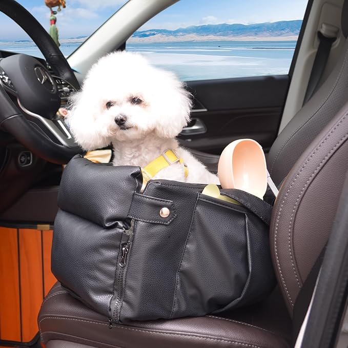 Portable Small Dog Seat for Car, Luxury Leather Center Console Dog Car Seat Booster with Safety Tethers, Anti-Collapse Pet Travel Carseat for SUV, Truck
