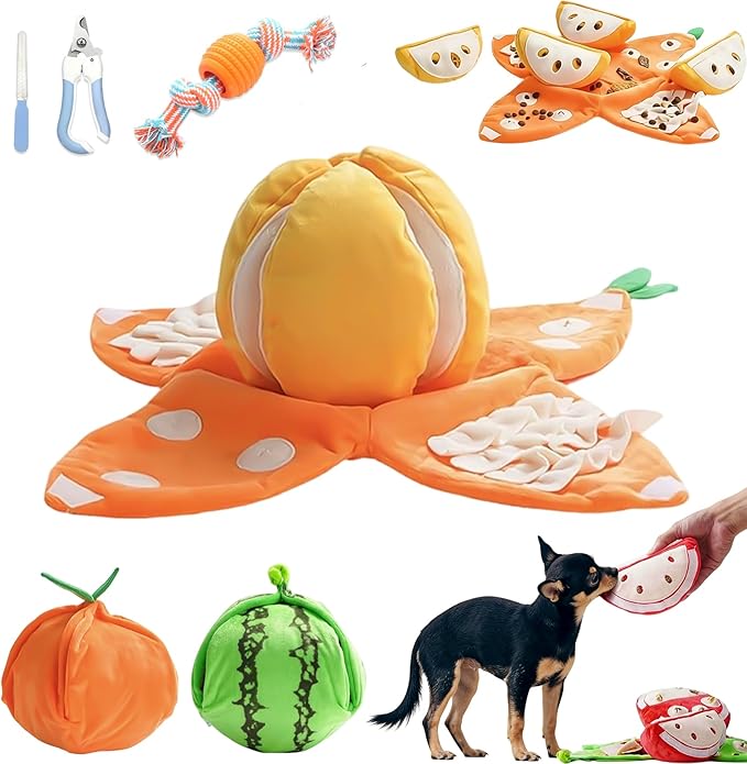 Orange Hide and Seek Plush Dog Toy, Interactive Squeaky Puzzle Toy with Hidden Pockets & Crinkle Paper, Watermelon Snuffle Mat for Small Medium Dogs Boredom Nosework (Orange)