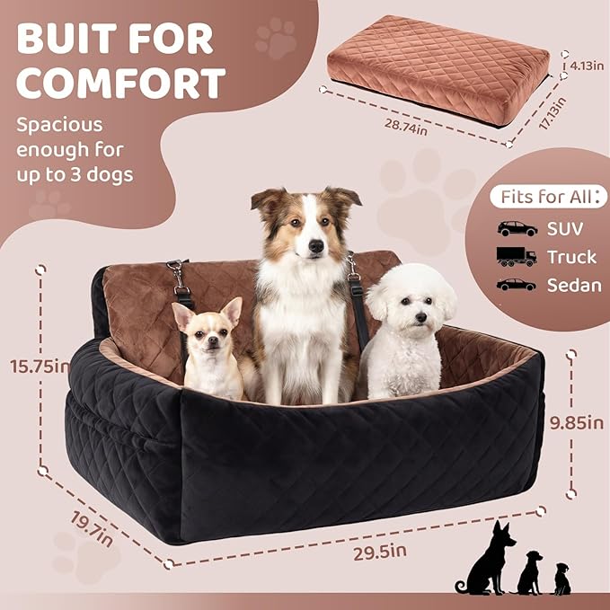 Garvee Dog Car Seat for Small,Medium Large Dog, Double Dogs Car Seat as Traval Bed, Waterproof Thick Cushion, Triple Belts & Harness, Portable Machine Washable Pets Booster Seat w/Side Pocket