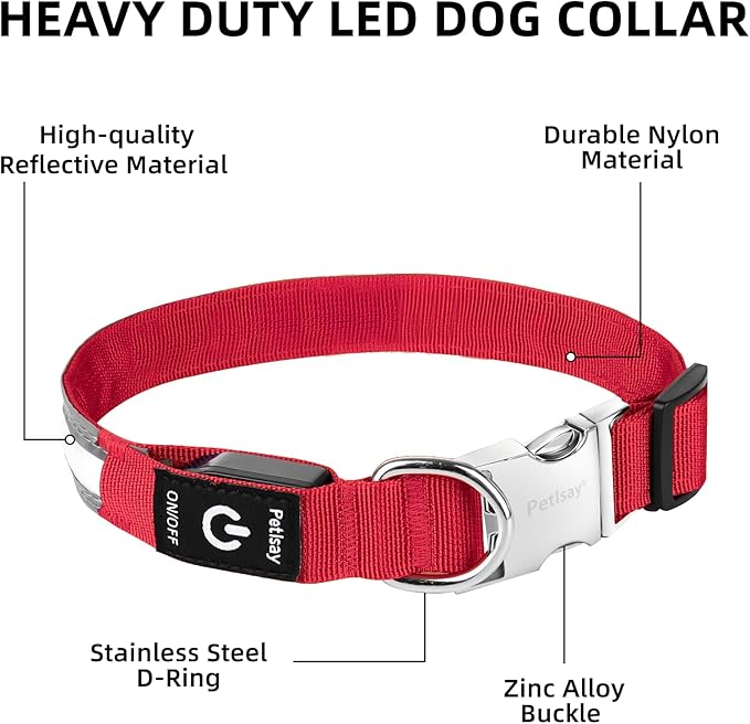 PetIsay LED Dog Collar Metal Buckle - Heavy Duty Light up Collars - Rechargeable IP68 Waterproof - Lighted Dog Collar for Night Walking, Hiking, Camping (Small, Red)
