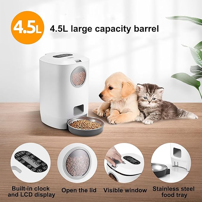 Automatic Cat Feeder, Dog Food Dispenser With Programmable Timer, 4.5 L Intelligent Portion Control and 1-4Meals Per Day, 10s Voice Record Remind and Removable Food Bucket, For Cats, Large Dogs