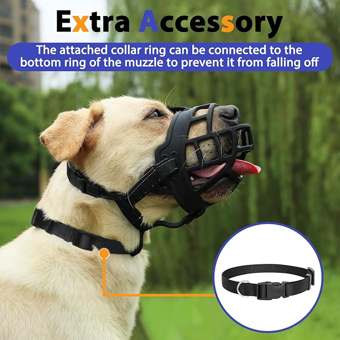 BARKLESS Dog Muzzle, Soft Silicone Basket Muzzle for Dogs, Allows Panting and Drinking, Prevents Unwanted Barking Biting and Chewing, Included Collar and Training Guide