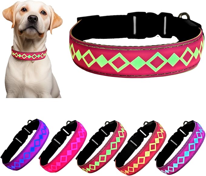 Personalized Flashing Night Dog Collar with Waterproof airtag Holder for Black Dog Night Walking (Pink, M(11.8-15.7"))