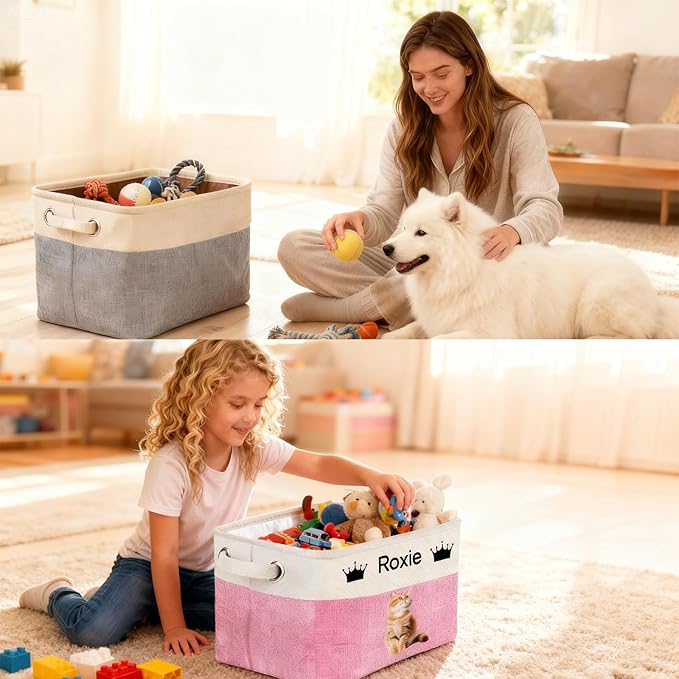 Customized Pet Toy Storage Basket - Personalized Dog & Cat Toy Organizer with Name, Foldable & Durable Fabric Bin for Pet Supplies, Organizer for Toys, Coats, Clothing, Blankets Grey