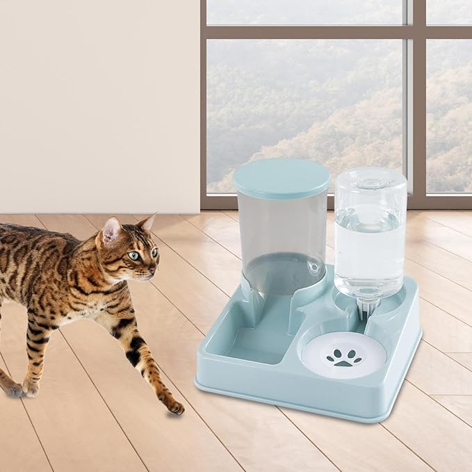 Pet Feeder and Water Dispenser Automatic Bowl for Cats Dogs 1L Water 0.75kg Food Capacity Self-Feeding Station Elevated Design- Green