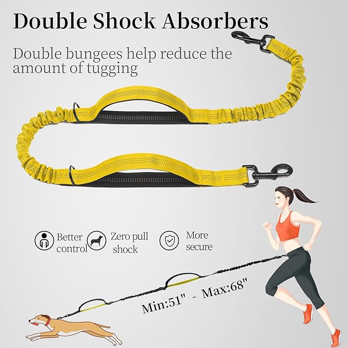 iYoShop Hands Free Dog Leash with Zipper Pouch, Dual Padded Handles and Durable Bungee for Walking, Jogging and Running Your Dog (Large, 25-120 lbs, Yellow)