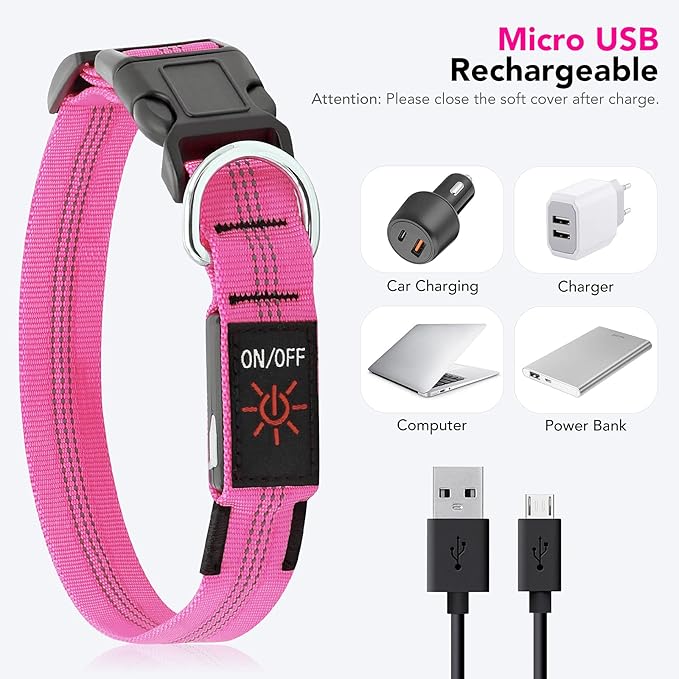 Weesiber Light Up Dog Collars - Rechargeable LED Collar - Reflective Adjustable Dog Lights for Night Walking (Pink, Small)