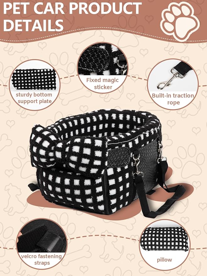 Portable Dog & Cat Car Seat - Under 13 lbs, With Cozy Bow Neck Pillow (Grid-Black)