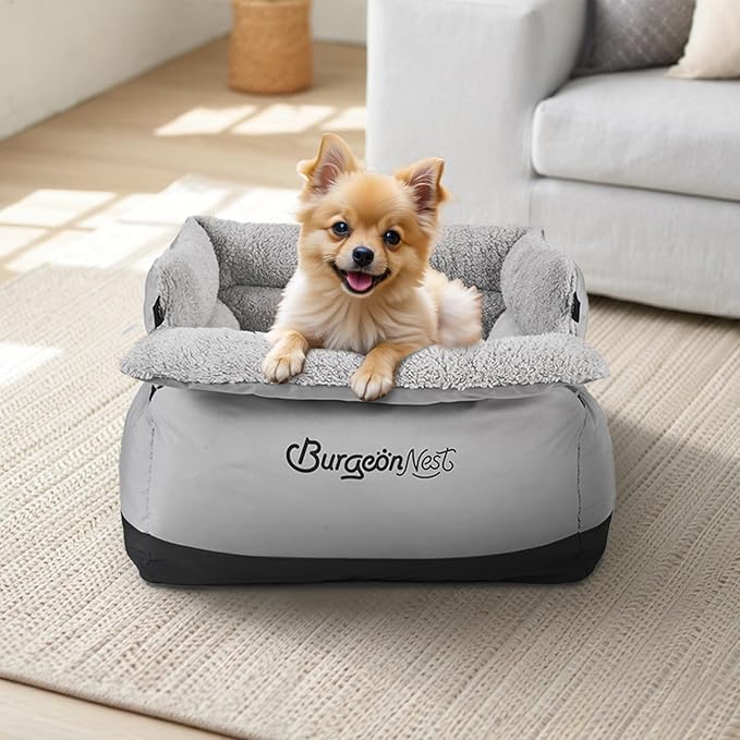 BurgeonNest Dog Car Seat for Small Dogs Under 25 lbs – Fully Detachable & Washable Pet Booster Seat with Safety Leash, Storage Pockets & Reversible Cushion, Portable Car Travel Carrier Bed, Grey