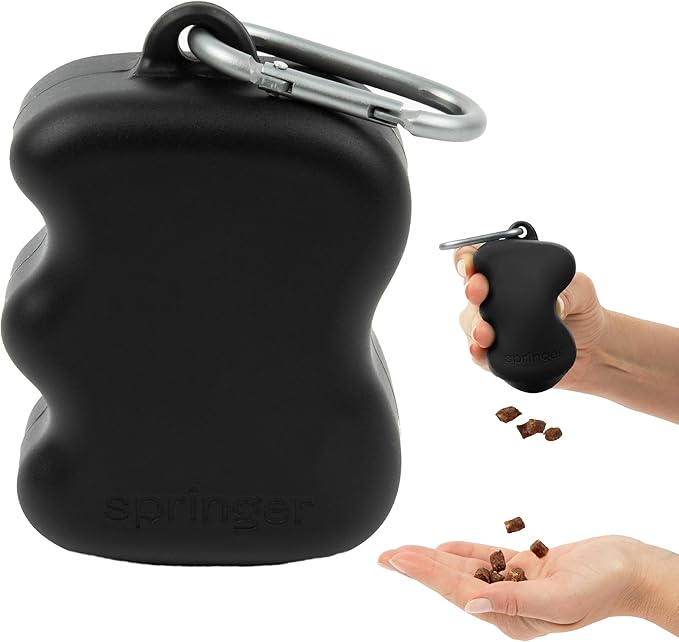 Springer Dog Treat Pouch for Effort-Free Squeeze Dispensing - Easy-fill, Food-Grade Silicone Treat Pouches for Pet Training - Includes Carabiner-Black