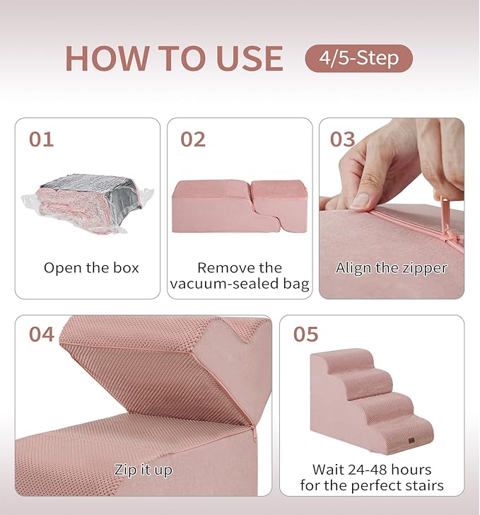 Made4Pets Dog Stairs Ramp for Bed 19.7" H, 4-Step Dog Steps for High Bed Couch Sofa Climbing, 35D Foam Pet Steps for Small Dogs and Cats, Non-Slip Bottom Pet Stairs, Pink