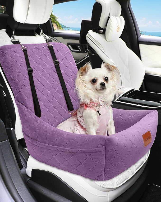 Dog Car Seat for Small Dogs Up to 25lbs,Soft Washable Fabric Fill in Memory Foam,Easy to Assemble with 2 Clip-On Safety Leashes and Storage Pockets,Front or Back Seat are Both OK(Purple)