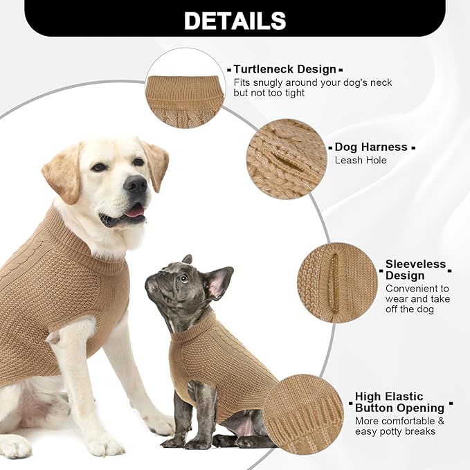 XL Dog Sweater, Classic Cable Knit Warm Dog Sweatshirt with Reflective Yarn for Girl Boy, Halloween Fall Winter Coat Turtleneck Pullover Clothes Apparel for Small Medium Large Dogs, Khaki XL