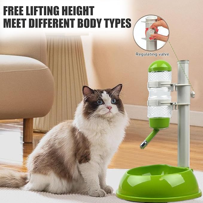 Dog Water Bottle Dispenser and Food Bowl, No-Drip Automatic Dog Water Bowl Dispenser with Adjustable Stand, Detachable Pet for and Cat, Green