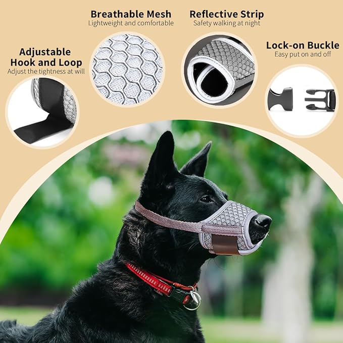 LUCKYPAW Dog Muzzle Anti Biting Barking and Chewing with Comfortable Mesh Soft Fabric and Adjustable Strap, Suitable for Small, Medium and Large Dogs(Gray(3D Mesh),L)