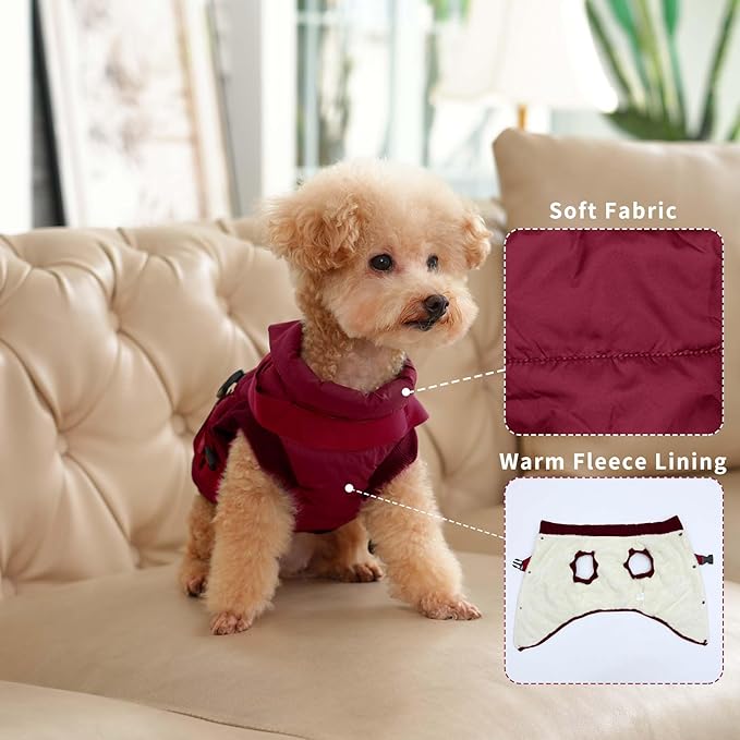 Dog Jacket with Harness,Fleece Lined Warm Puppy Coat for Winter,Soft Windproof Small Dog Vest,Red S