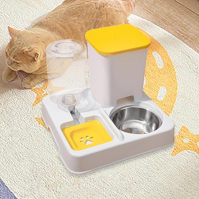 Automatic Dog Cat Feeder Dry and Wet Separation Smooth Surface Removable Eating and Drinking Bowl for Dogs Small Animal Puppy- Yellow White