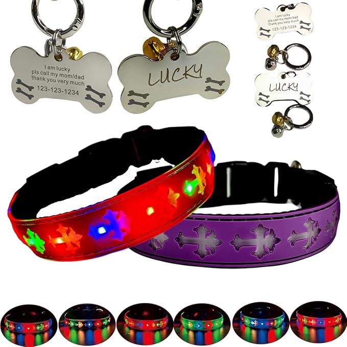 LED Dog Collar with ID Tag Set, Glowing Cross Pattern, Multiple Colors, Silicone Material (Purple Pro, XL(19.7-23.6"))