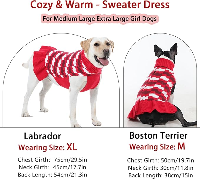 Dog Sweaters for Large Dogs Girl, Dog Sweater Dress with Leash Hole, Thick Turtleneck Knitwear for Female Dogs, Warm Fall Winter Dress for Cold Weather, Thanksgiving, Christmas - Red L