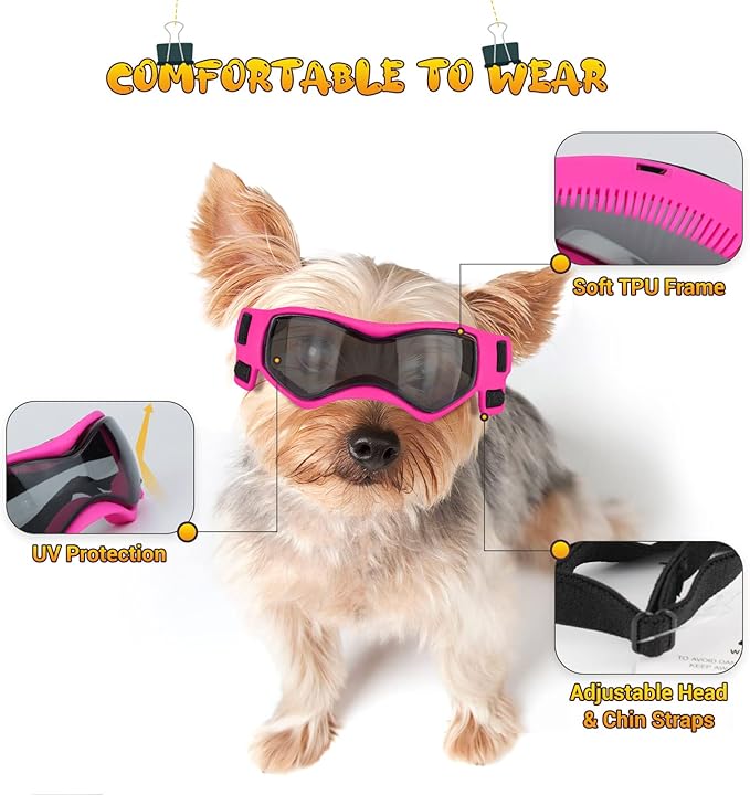 PETLESO Dog Goggles Small Breed, XS Dog Sunglasses Chihuahua Glasses Anti-UV Eyes Protection for XSmall Pets Tiny Dogs Cats, Pink XS