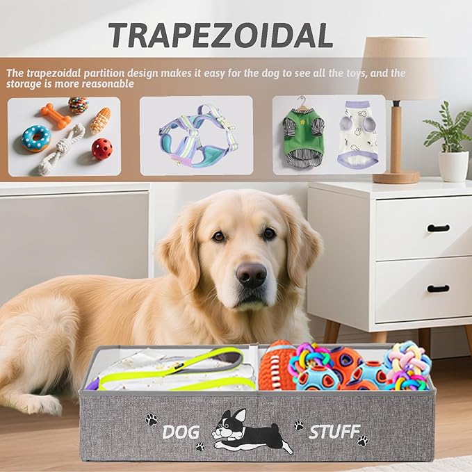 Large Dog Toy Basket with Handles, 28.5" Collapsible Multi-Purpose Hard Board Dog Toy box, Clothes, Dog toy storage (Grey,Cream)