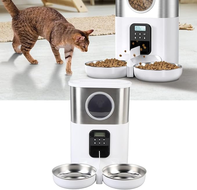 Automatic Pet Feeder, 5L Quantitative Feeding Stainless Steel 2 Bowls Dog Food Dispenser Large Capacity Automatic Timed Cat Feeders with Visable Window for Cats Dogs (White)