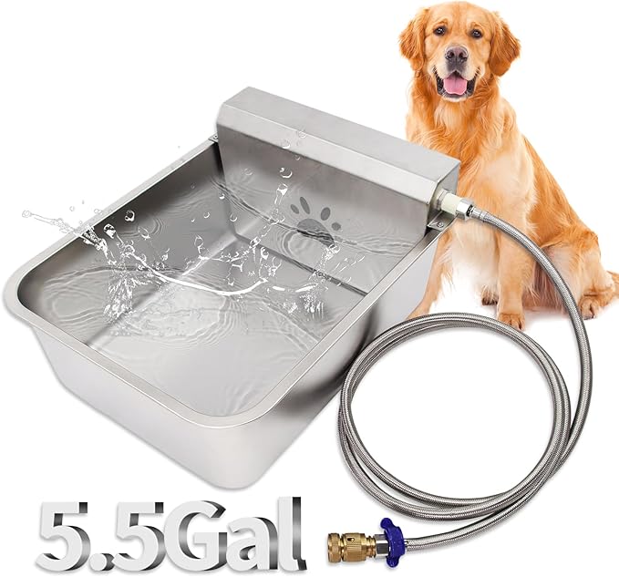 5.5Gal/20L Large Automatic Dog Water Dispenser,Stainless Steel Waterer Feeder Large Water Bowl for Pets & Livestock,Water Auto Fill Waterer with Float Valve Hose Quick Connector,Fit GHT 3/4" Faucet