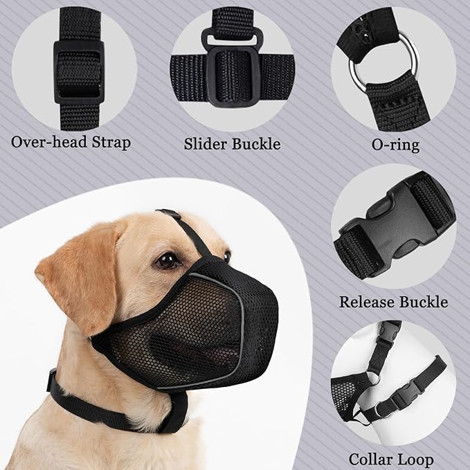 Mayerzon Dog Muzzle, Patented Mesh Soft Muzzles for Large Medium Small Dogs Poodle Husky Doberman Labrador Retriever for Scavenging Grooming Biting Chewing, Breathable Reflective Mussel with Collar