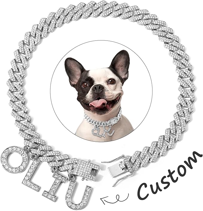 MUMUPET Custom Dog Collar Chain Golden Diamond Name Letters Cuban Style Collar Jewelry Secure Buckle Small Medium Dog Accessories