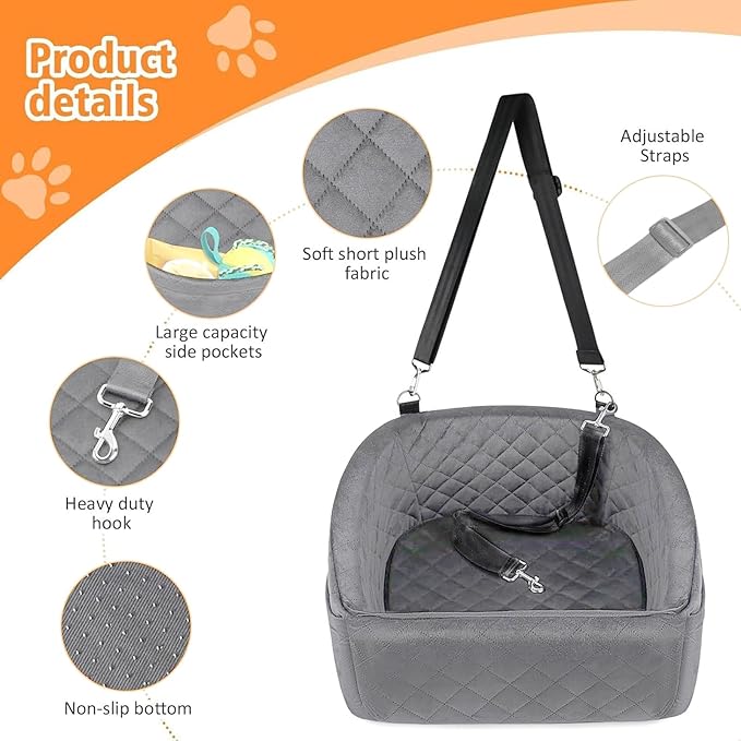 Car Dog Seat for Small Dogs, Extra Stable with Safety Belt, Pet Seat for Back and Front Seat, Gray