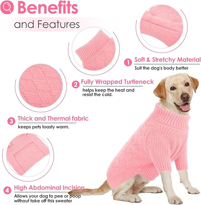 AOFITEE XXL Dog Sweater, Christmas Sweaters for Large Dogs, Warm Turtleneck Dog Sweater for Fall Winter Cold Weather, Solid Dogs Knit Sweatshirt for Golden Retriever, Labrador, Doberman (Pink, 2XL)