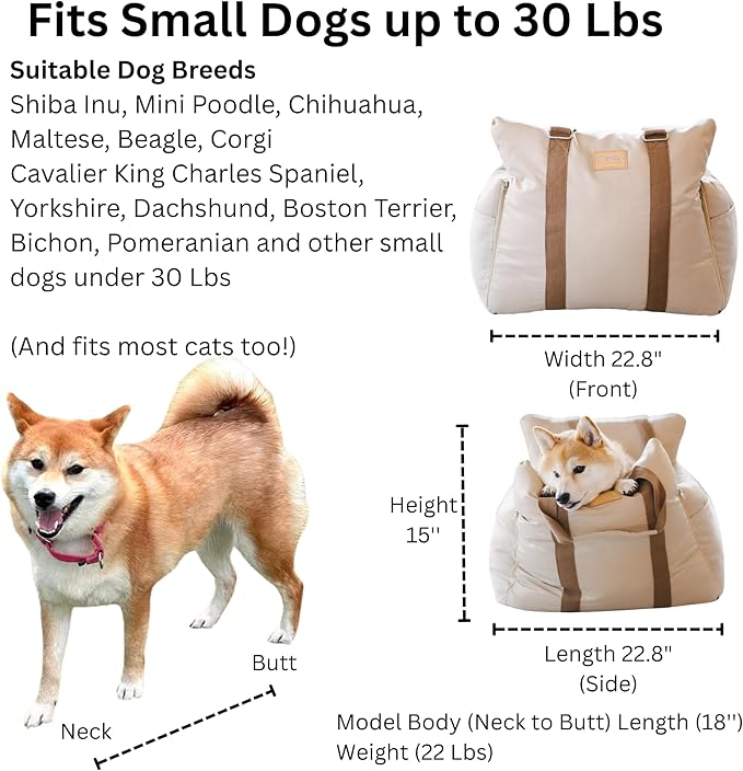 Posh Dog Car Booster Seat for Small Little Dogs, Stylish and Comfortable Design, Small Dog Owner Gift, Travel Bed with Safety Belt, Secure Straps, Perfect for Dogs Under 25 Lbs