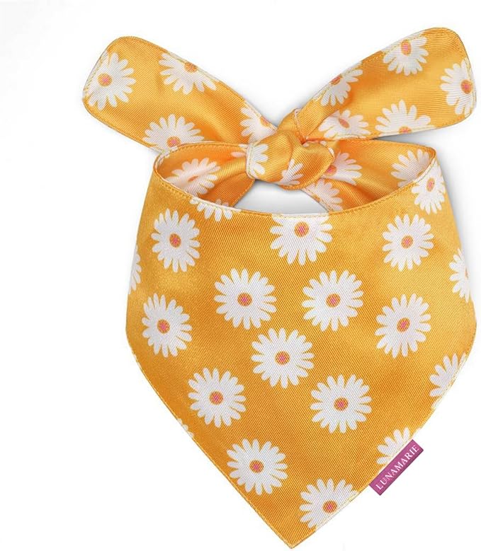 LunaMarie - Luxury Pet Birthday Bandanas -Premium & Silky Poly Fabric | 100% Handmade | Custom Shape Dual Layered (Daisies, Medium)