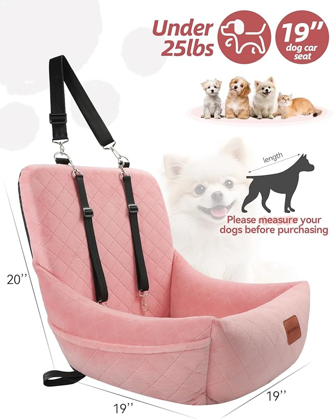 Dog Car Seat for Small Dogs Up to 25lbs,Soft Washable Fabric Fill in Memory Foam,Easy to Assemble with 2 Clip-On Safety Leashes and Storage Pockets,Front or Back Seat are Both OK (Pink)