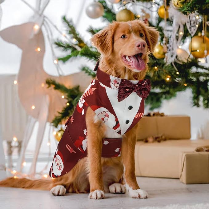 Kuoser Christmas Dog Tuxedo Dogs Suit and Bandana Set, Santa Claus Doggy Christmas Outfit Adjustable Pet Xmas Costume with Bow Tie for Large Medium Small Dogs Golden Retriever Samo Bulldogs, Red S