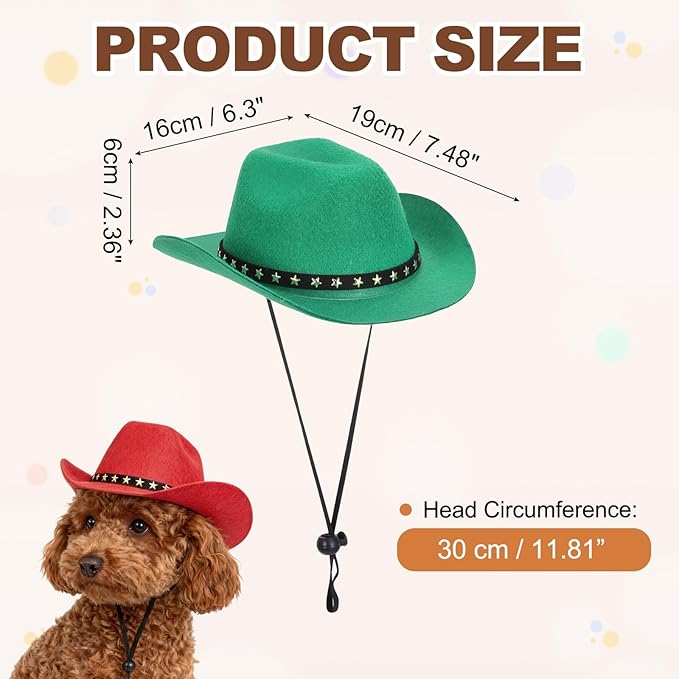 Dog Cowboy Hat, Mini Cowboy Hat for Pet with Chin Strap Adjustable Cosplay Cap, (Green, M), Intended for Dogs and Cats/Halloween Costume/Party Decoration