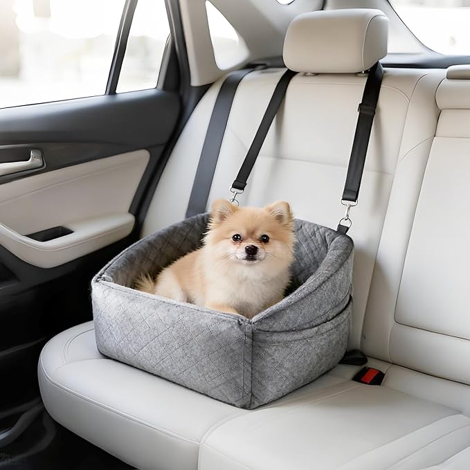 Dog Booster Car Seat, Comfy Dog Bed for Car with Safety Belt and Storage Pockets, Detachable Washable Pet Car Seat for Small Medium Sized Puppies Cats Under 30-35 LB