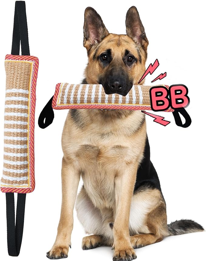 Clysoru Squeaky Tug Toy for Dogs Jute with 2 Strong Handles Lasting Training Equipment Puppy to Large Dog Interactive Toys of War Pull Indestructible Rope Pet Crinkle Teething