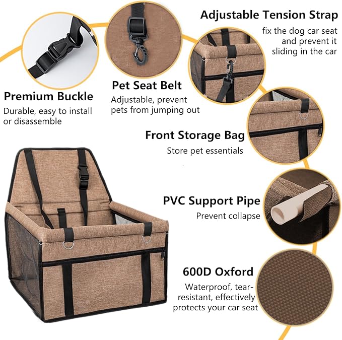 Dog Car Seat for Small Size Dog, Portable Cat Car Seat with Removable Safety Leash and PVC Support Pipe, Anti-Collapse Puppy Pet Car Seat Easy Assemble (Milky Coffee)