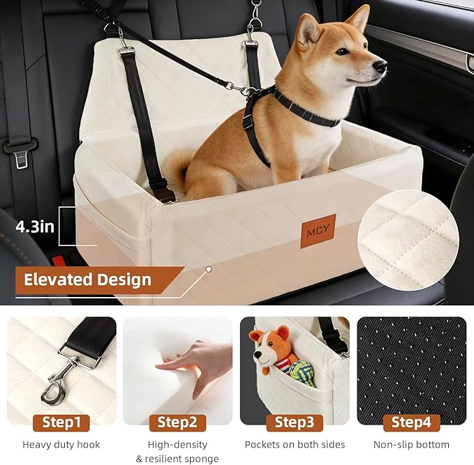 MCY Dog Car Seat for Large Medium Dogs, Dog Booster Seat with Thick Cushion, Portable Washable Pet Under 55 lbs, 2 Safety Leashes Travel Car Bed, Suitable for Home and Outdoor, White