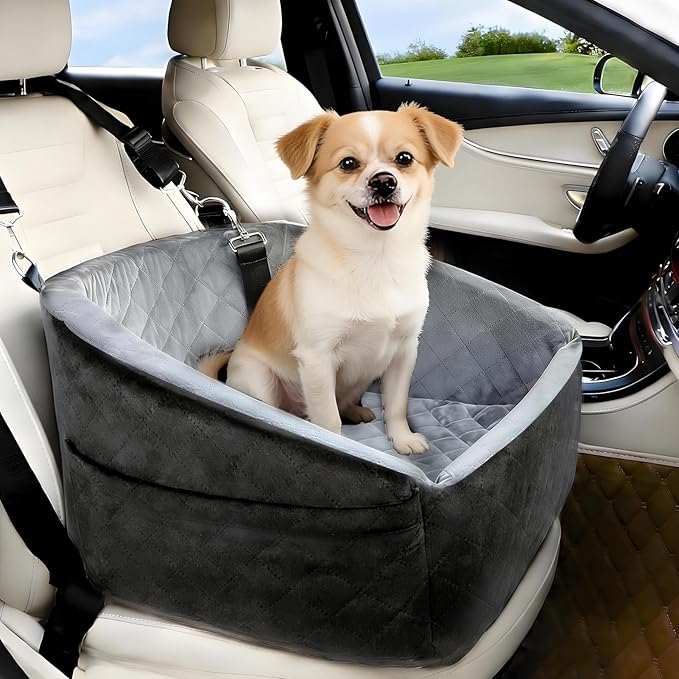 Suitable for Most Vehicles Dog Booster Car Seat for Small Dogs Up to 25-35 Lbs Fully Detachable Machine Washable Cover Adjustable Safety Straps & Leash Non-Slip Bottom with Storage Pockets（Dark Grey）