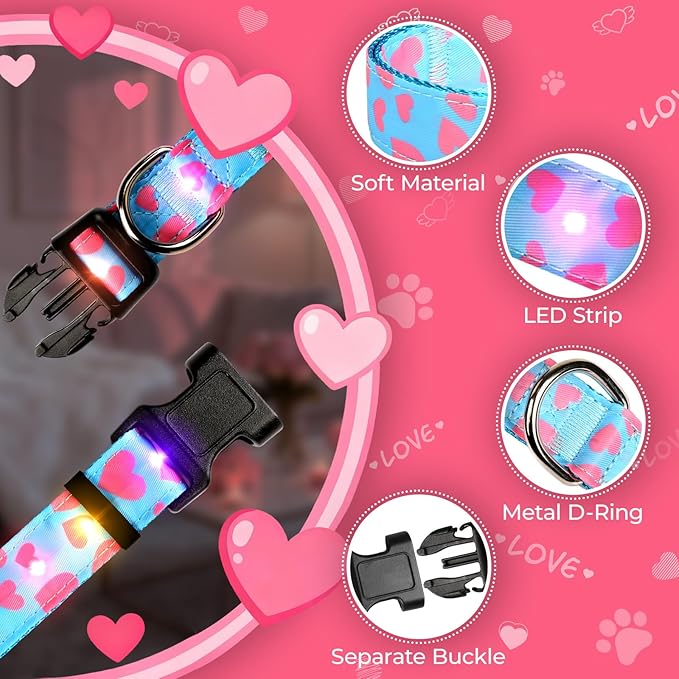 Light Up Dog Collar, LED Dog Collar Glow in The Dark - USBC Rechargeable, 3 Flashing Modes Adjustable Glow Collar, Safety Fashionable Cute Dog Light Up Collars for Medium Large Dogs-Pink Heart Shape