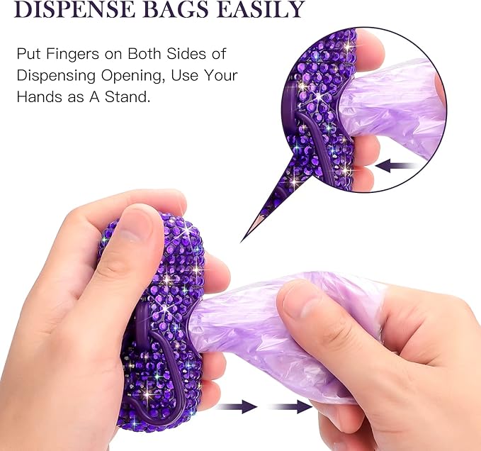 SAVORI Dog Poop Bag Holder Bling Crystal Dog Waste Bags Dispenser for Pet Dog Doggy with Carabiner Clip Includes 1 Roll 15 Bags (Purple)