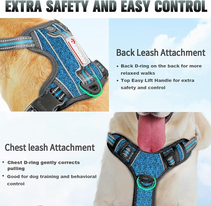 BARKBAY No Pull Dog Harness Large Step in Reflective Dog Harness with Front Clip and Easy Control Handle for Walking Training Running with ID tag Pocke(Blue/Black,M