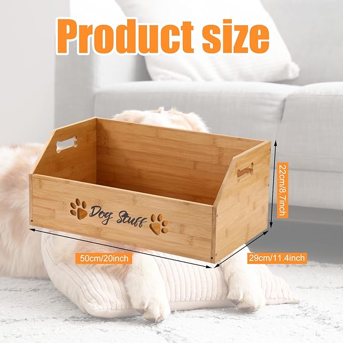 Leinuosen Large Dog Toy Bin Basket, 20 Inch Large Stuff Toy Storage Basket Bin with Bone Handle Cutout Pattern Bamboo Container for Organizing and Storage Dog Leash Chew Toys(Natural, Undivided)