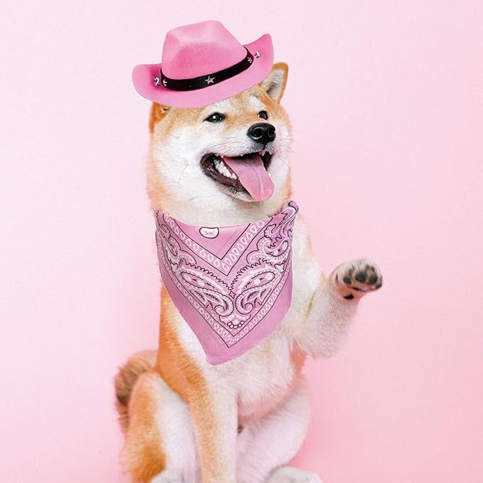 Dog Cowboy Hat and Bandana Scarf Dog Cat Sombrero Puppy Hat Dog Cat Costume Cosplay Cap Puppy Pet Dog Cat Holiday Pet Party Decoration (Pink)