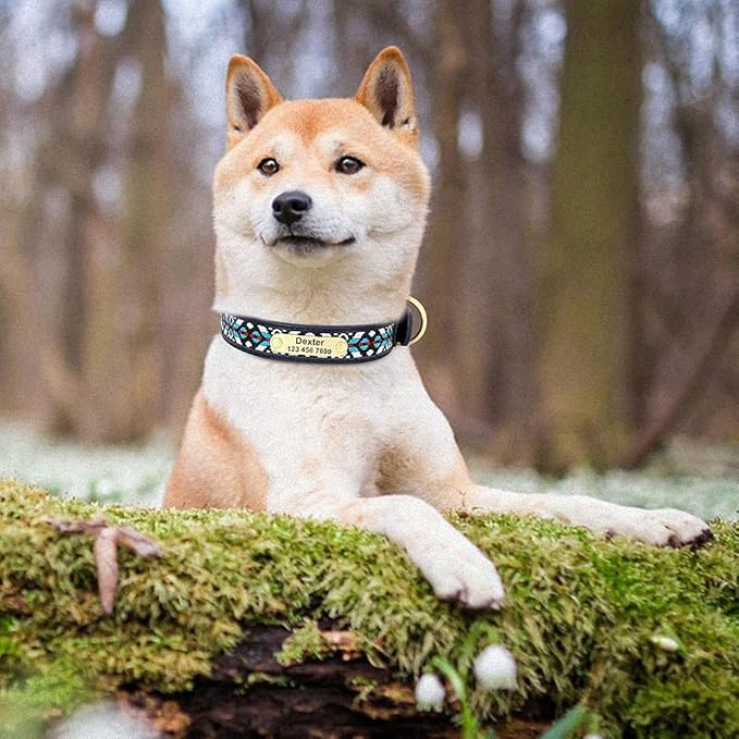 Exotic Custom Dog Collars PU Leather Personalized Pet Name ID Collar Padded Ethnic Collars Adjustable for Small Medium Large Dog Navy Blue L